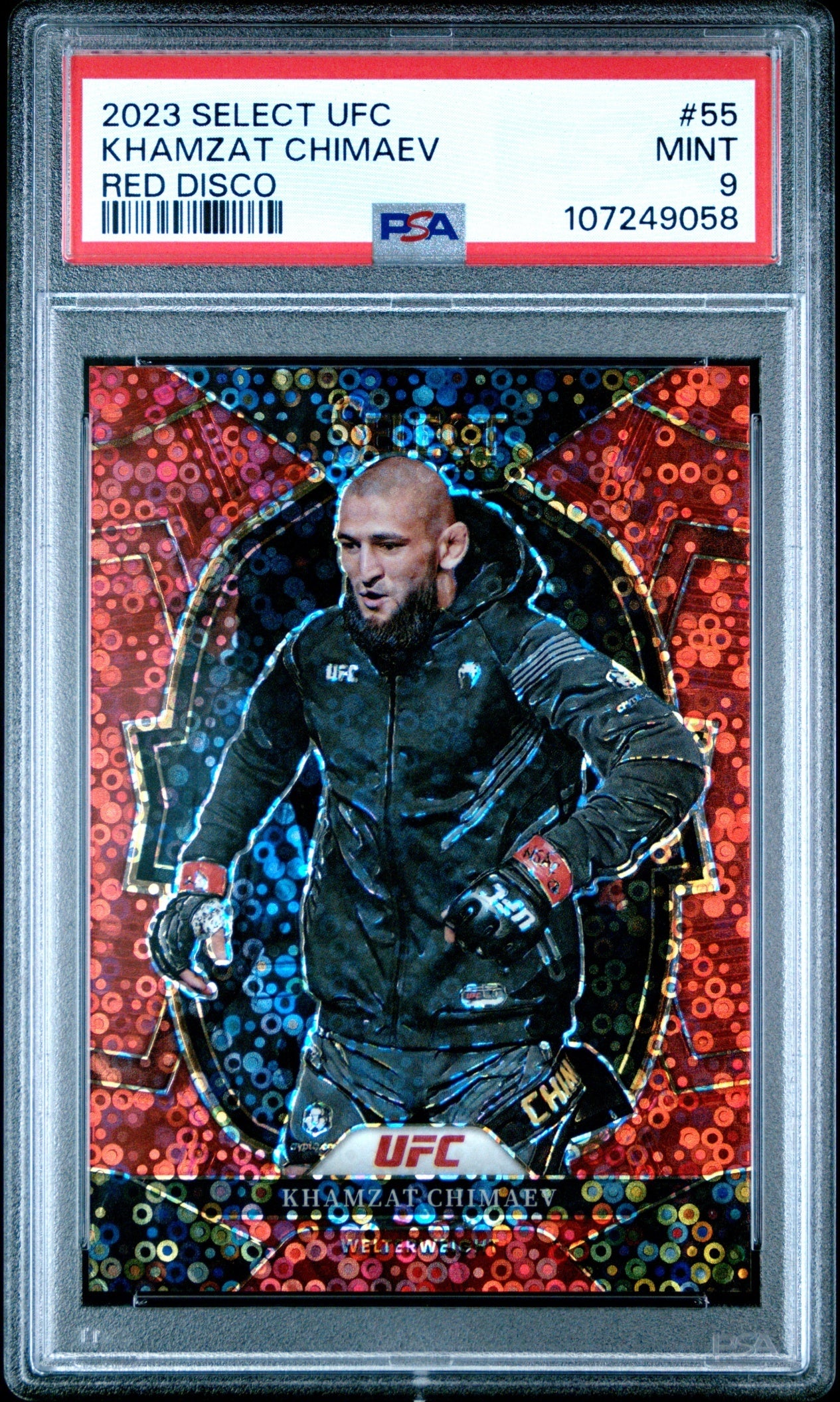 Khamzat Chimaev Panini Select UFC 2023 Red Disco Prizms /99 PSA 9