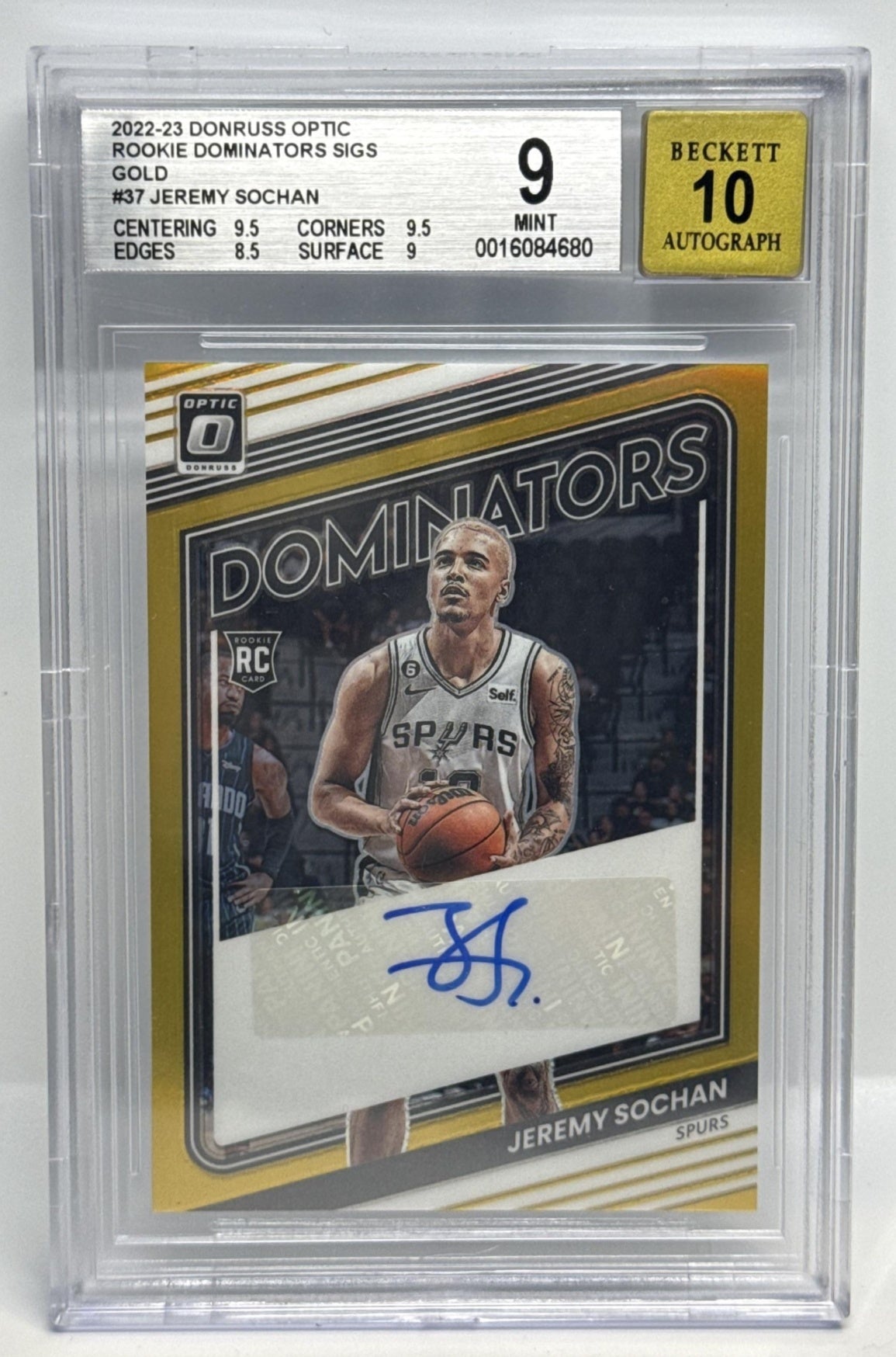 Jeremy Sochan Panini Donruss Optic 2022-23 Gold /10 Auto BGS 9 San Antonio Spurs