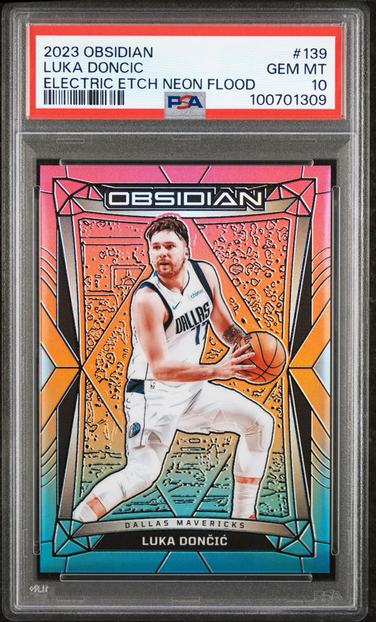 Luka Doncic Obsidian 2023-24 Electric Etch Neon Flood PSA 10 Dallas Mavericks