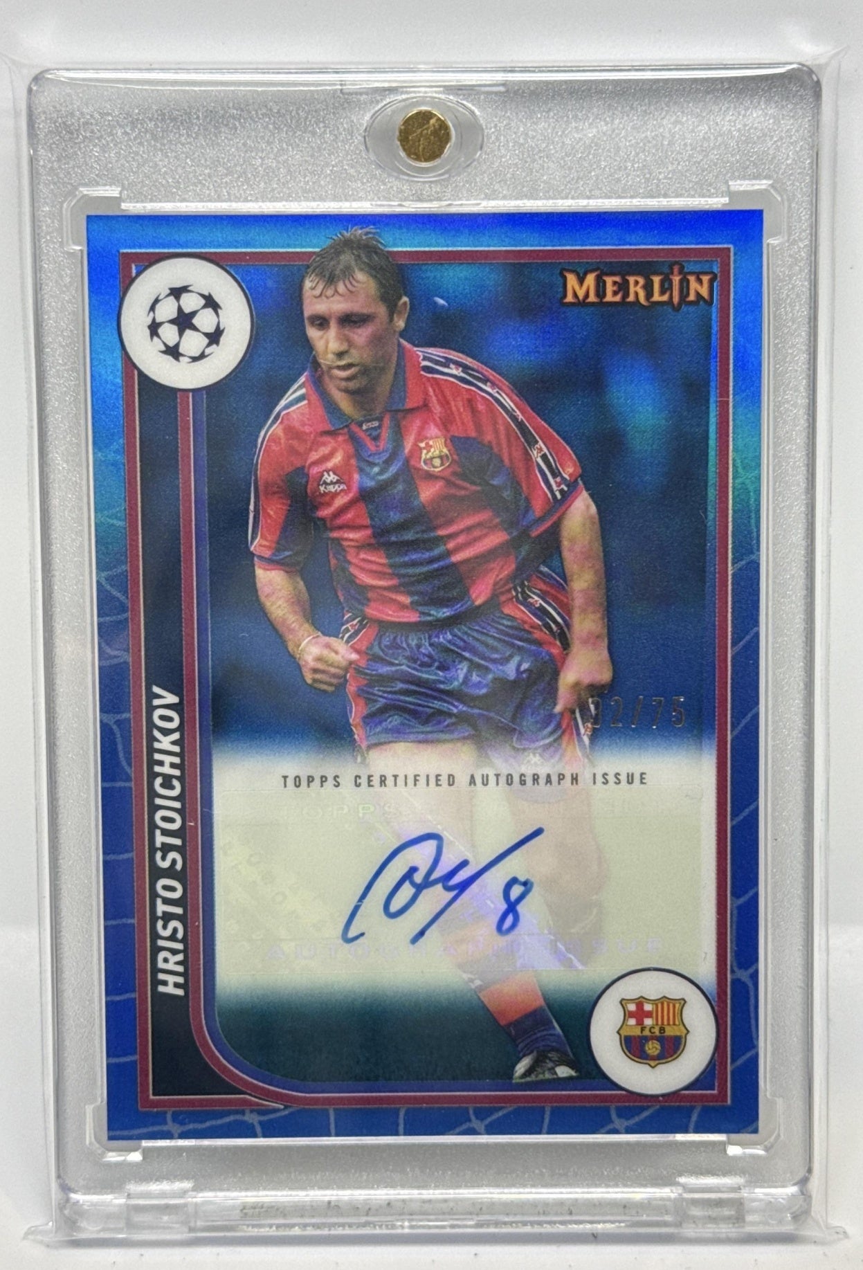 Hristo Stoichkov Topps Chrome Merlin UCC 2023-24 Blue Refractor /75 FC Barcelona