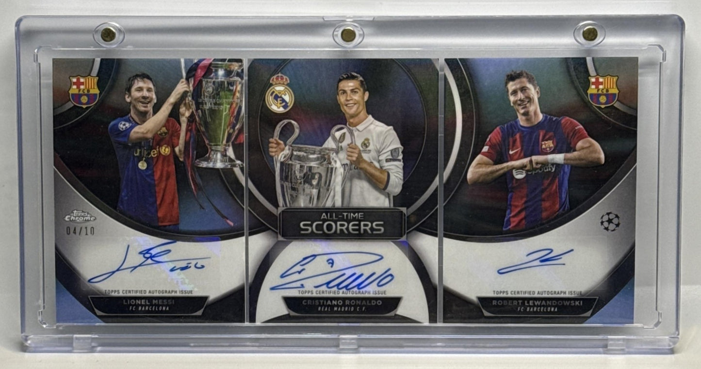 Lewandowski/Ronaldo/Messi Topps Chrome UCC 2023-24 Triple Auto Booklet /10