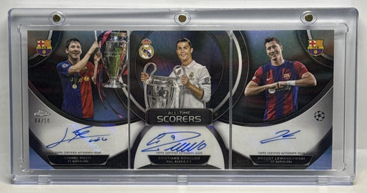 Lewandowski/Ronaldo/Messi Topps Chrome UCC 2023-24 Triple Auto Booklet /10