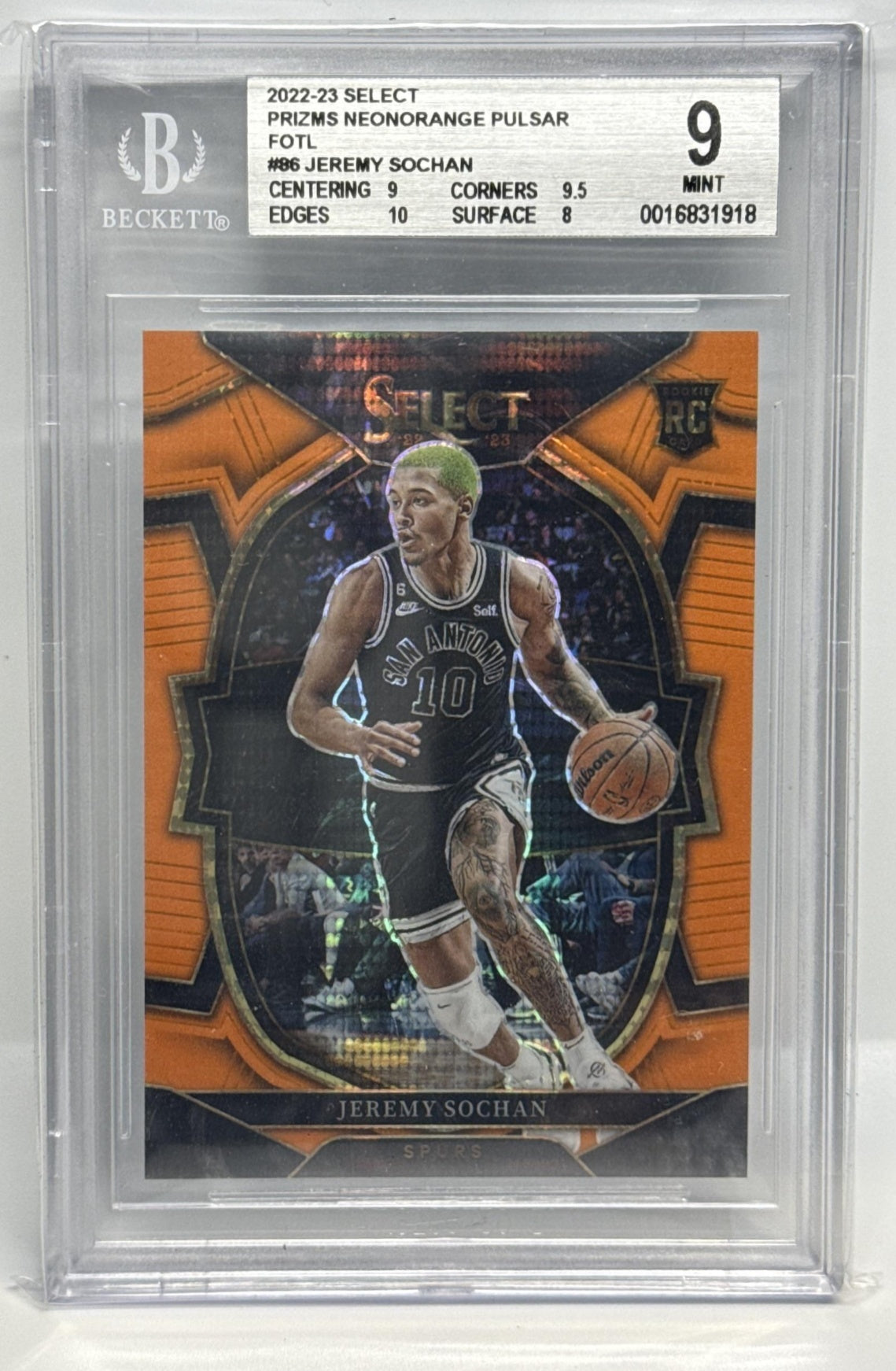 Jeremy Sochan Select 2022-23 Neon Orange Pulsar Prizms FOTL /15 BGS 9 Spurs