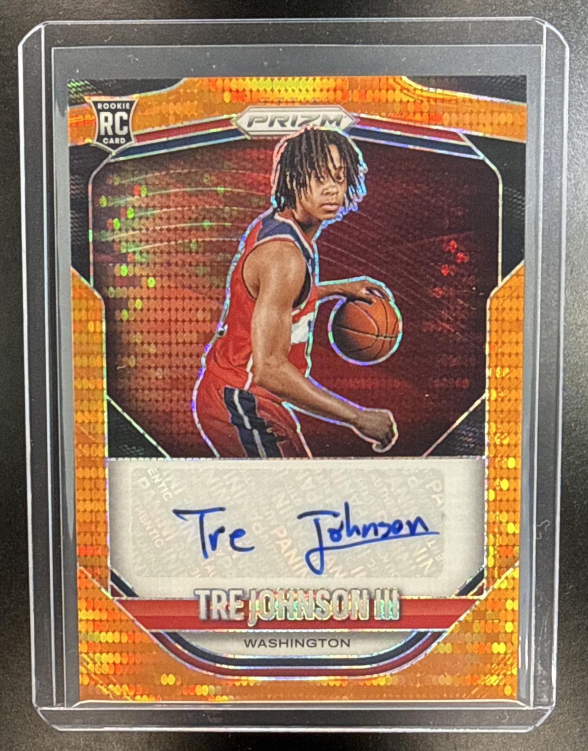 Tre Johnson III Panini Prizm 2025-26 Auto Orange Pulsar /149 RC Washington Wizards