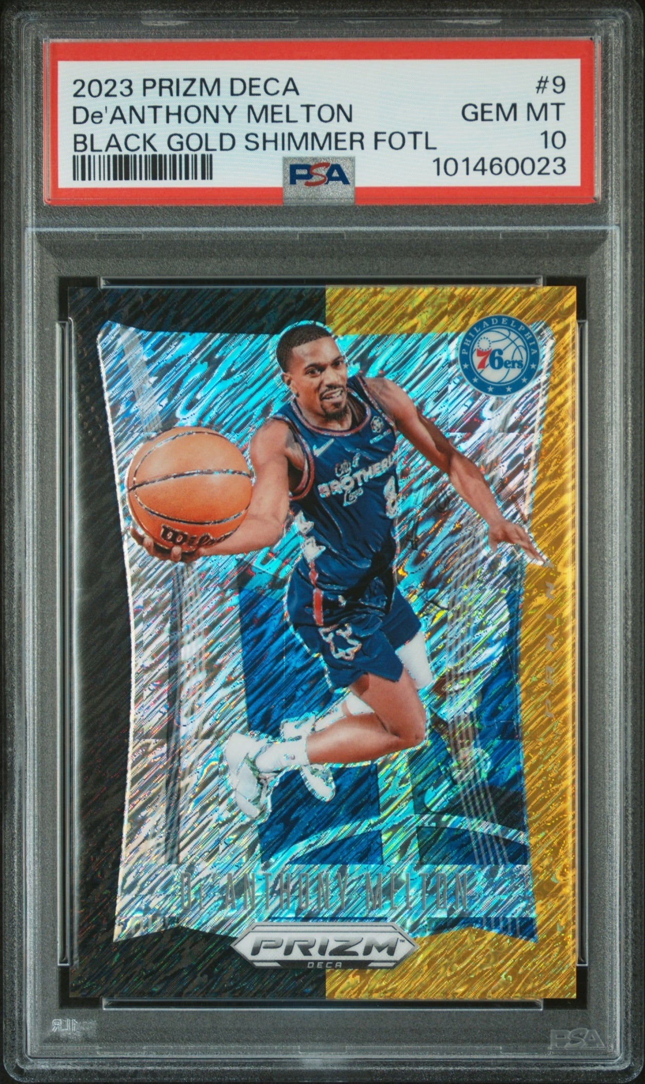 De Anthony Melton Panini Prizm Deca 2023-24 Black Gold Shimmer FOTL /8 PSA 10 Philadelphia 76ers