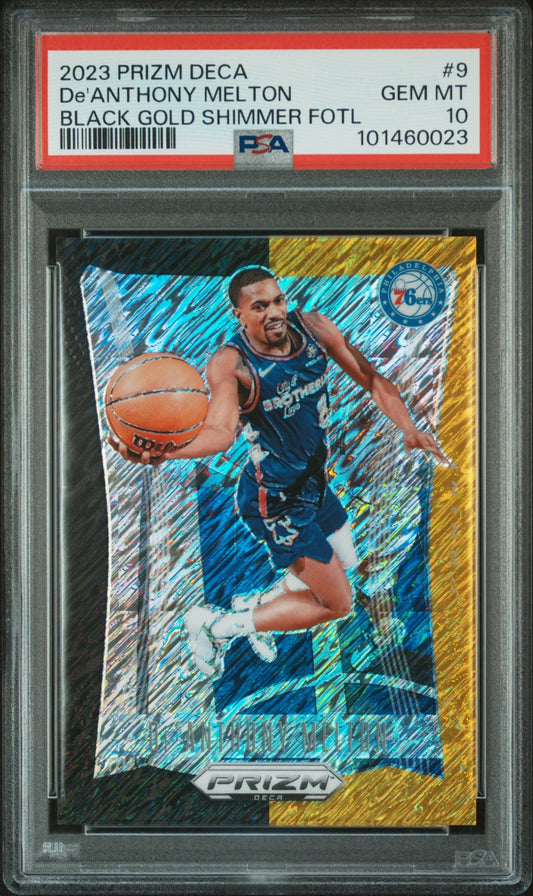 De Anthony Melton Panini Prizm Deca 2023-24 Black Gold Shimmer FOTL /8 PSA 10 Philadelphia 76ers