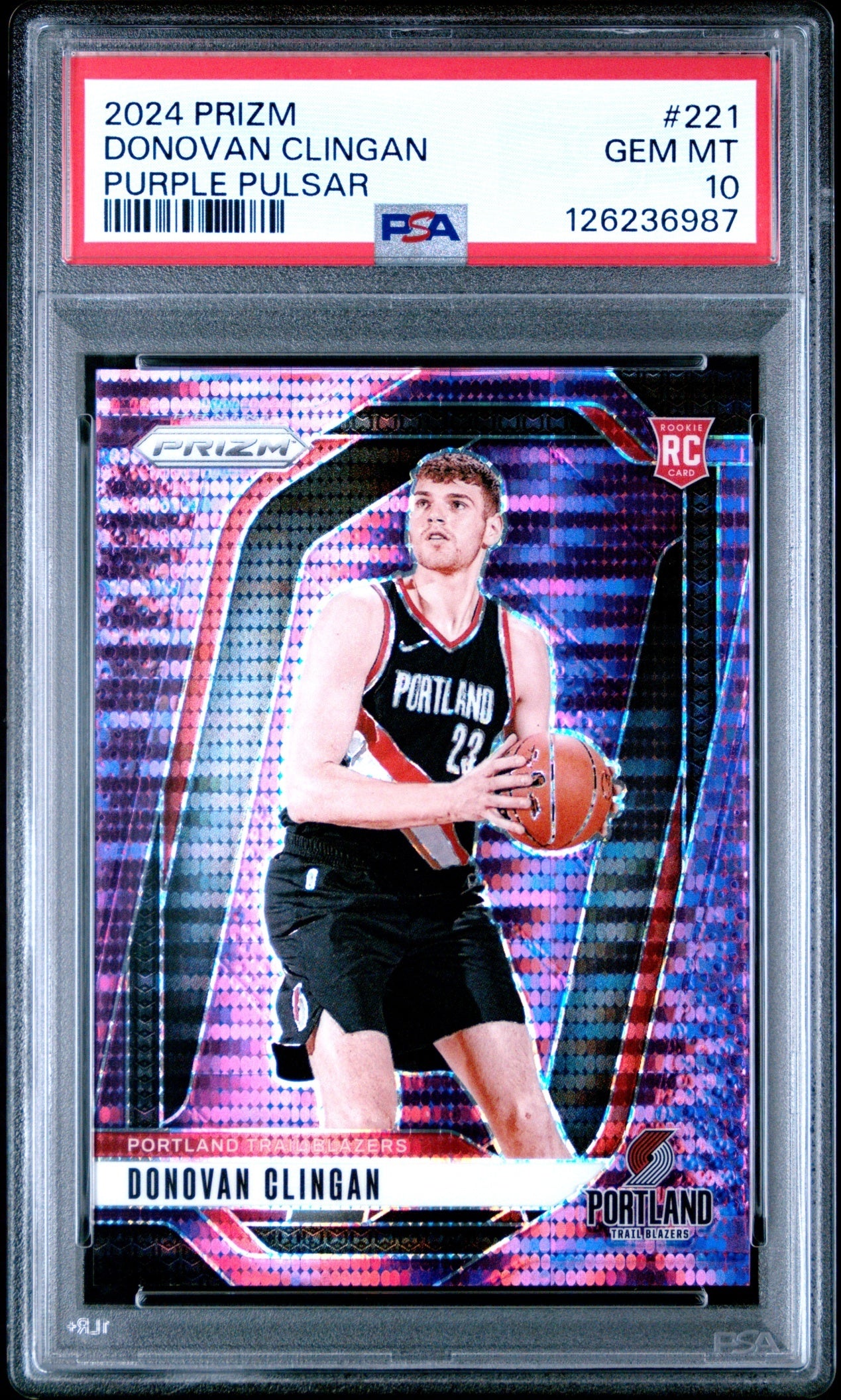 Donovan Clingan Prizm 2024-25 Purple Pulsar /35 RC PSA 10 Portland Trail Blazers