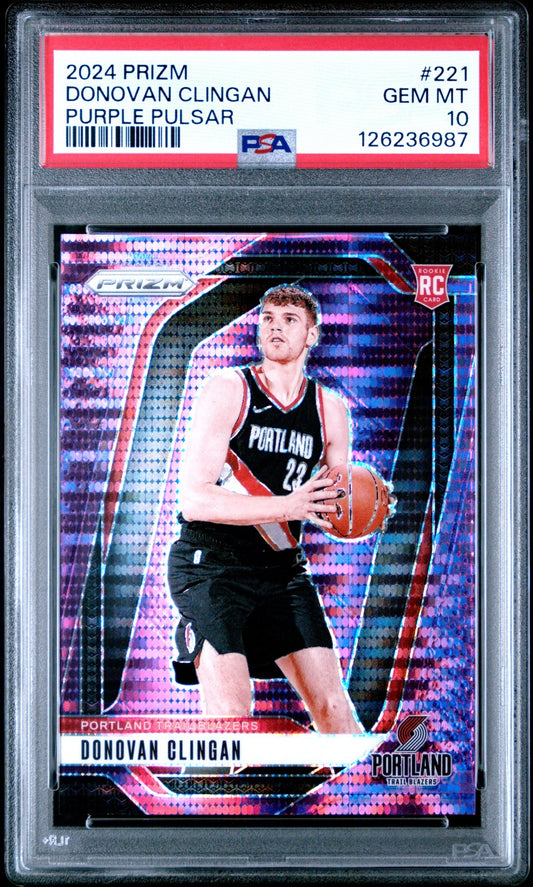 Donovan Clingan Prizm 2024-25 Purple Pulsar /35 RC PSA 10 Portland Trail Blazers