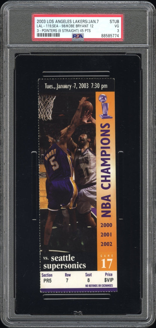 Kobe Bryant NBA Ticket 2003 Kobe Bryant 45pts 3-pointers (9 straight) PSA 3 LAL