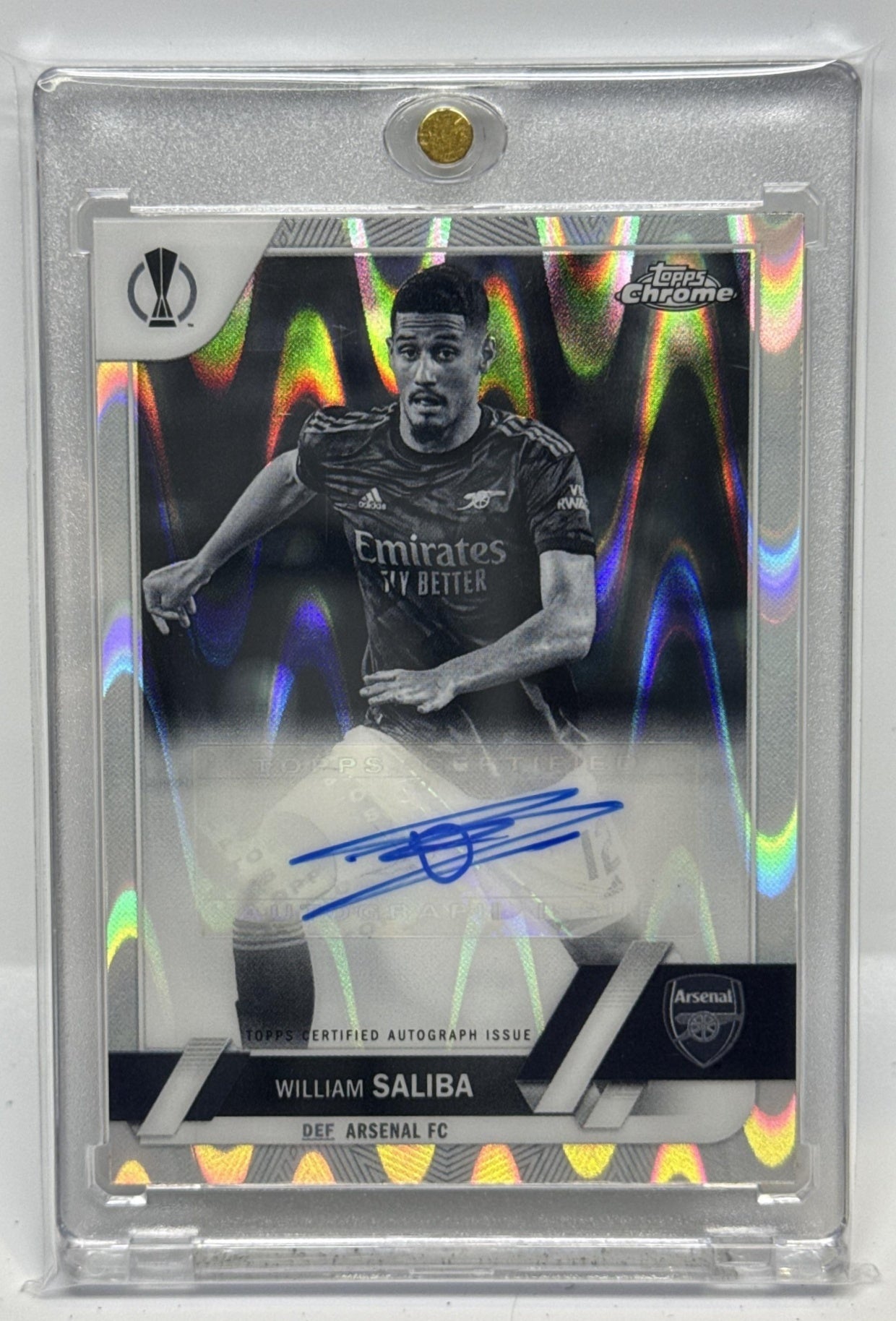 William Saliba Topps Chrome UCC 2022-23 Auto Black & White Ray Wave Arsenal FC