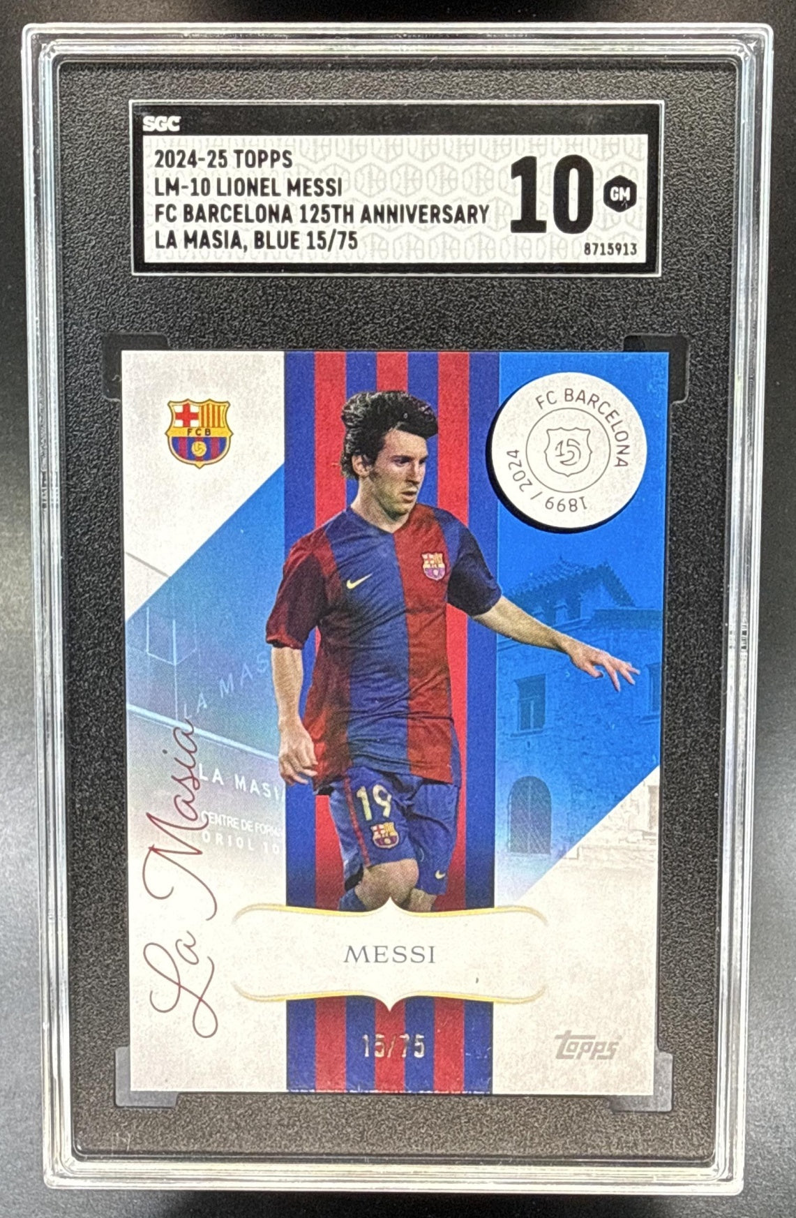 Lionel Messi Topps FC Barcelona 125th Anniv 2024-25 La Masia Blue /75 SGC 10 FCB