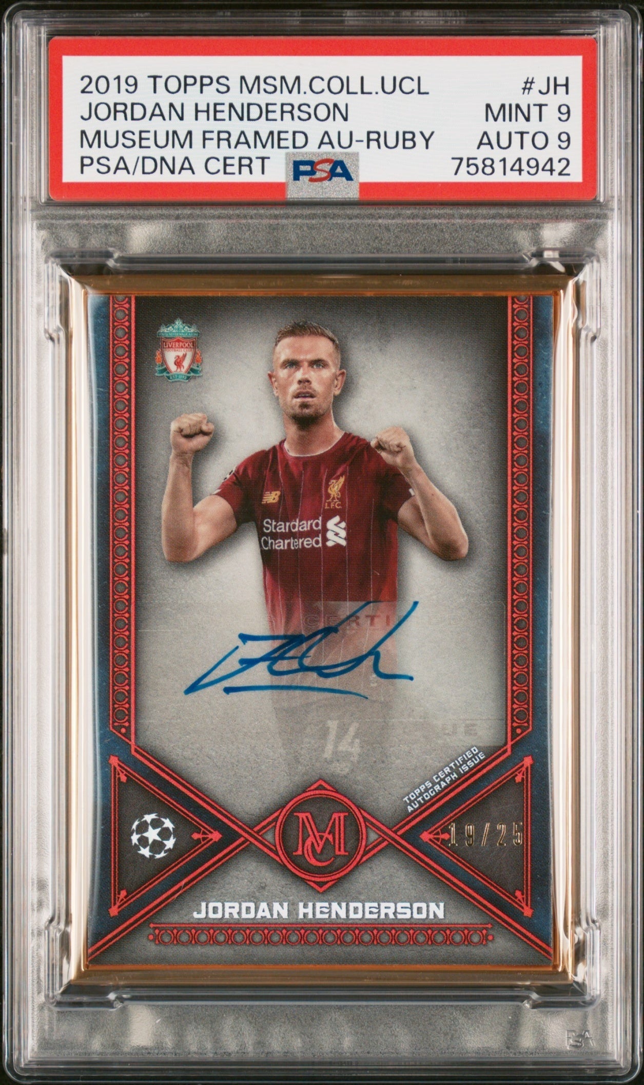 Jordan Henderson Topps Museum Collection UCL 2019 Ruby /25 Auto PSA 9 Liverpool