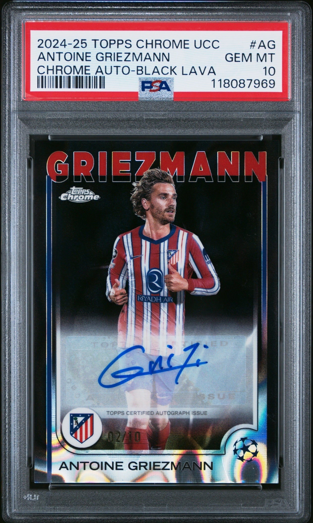 Antoine Griezmann Topps Chrome UCC 2024-25 Black Lava /10 PSA 10 Atletico Madrid