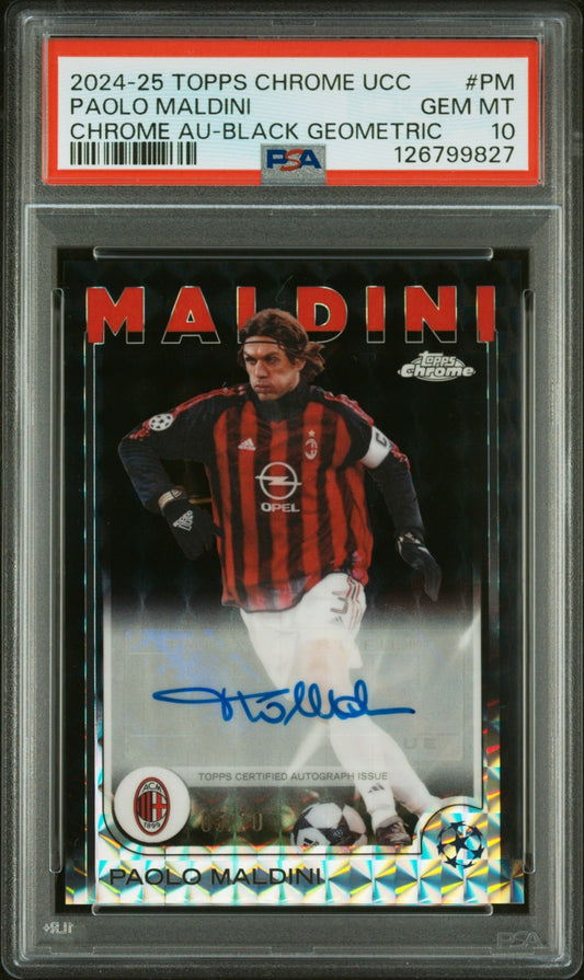 Paolo Maldini Topps Chrome UCC 2024-25 Black Geometric /10 Auto PSA 10 AC Milan