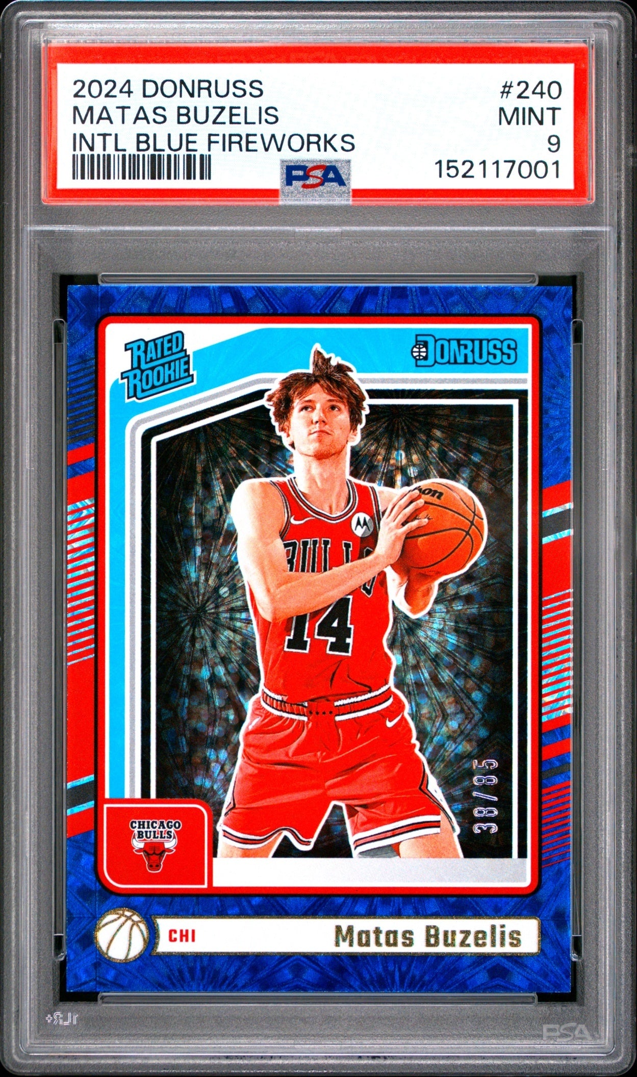 Matas Buzelis Donruss 2024-25 Intl Blue Fireworks /85 Rookie PSA 9 Chicago Bulls