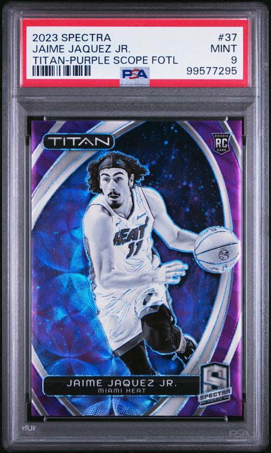Jaime Jaquez Jr. Panini Spectra 2023-24 Purple Scope FOTL /15 RC PSA9 Miami Heat