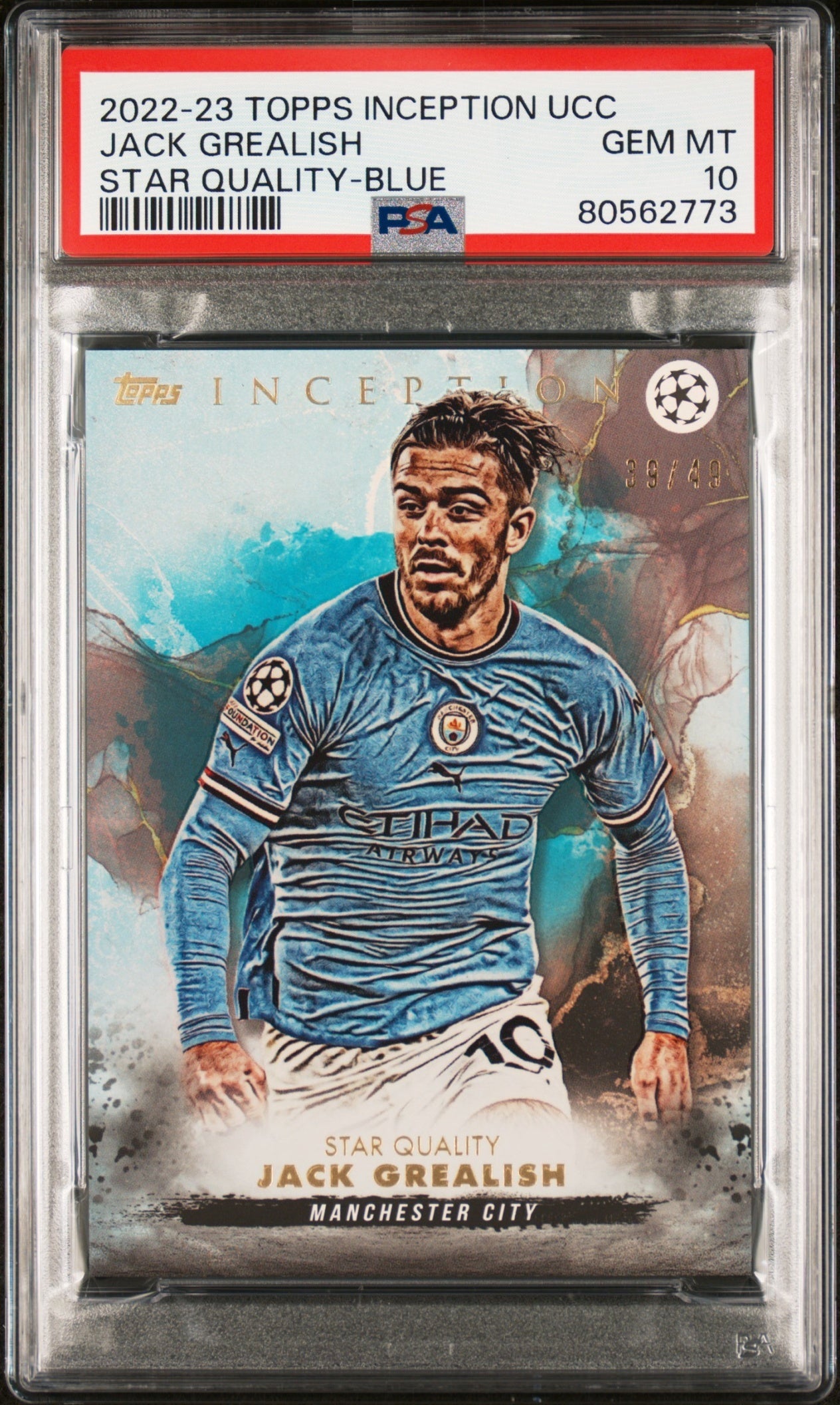 Jack Grealish Topps Inception UCC 2022-23 Star Quality Blue /49 PSA 10 Man City