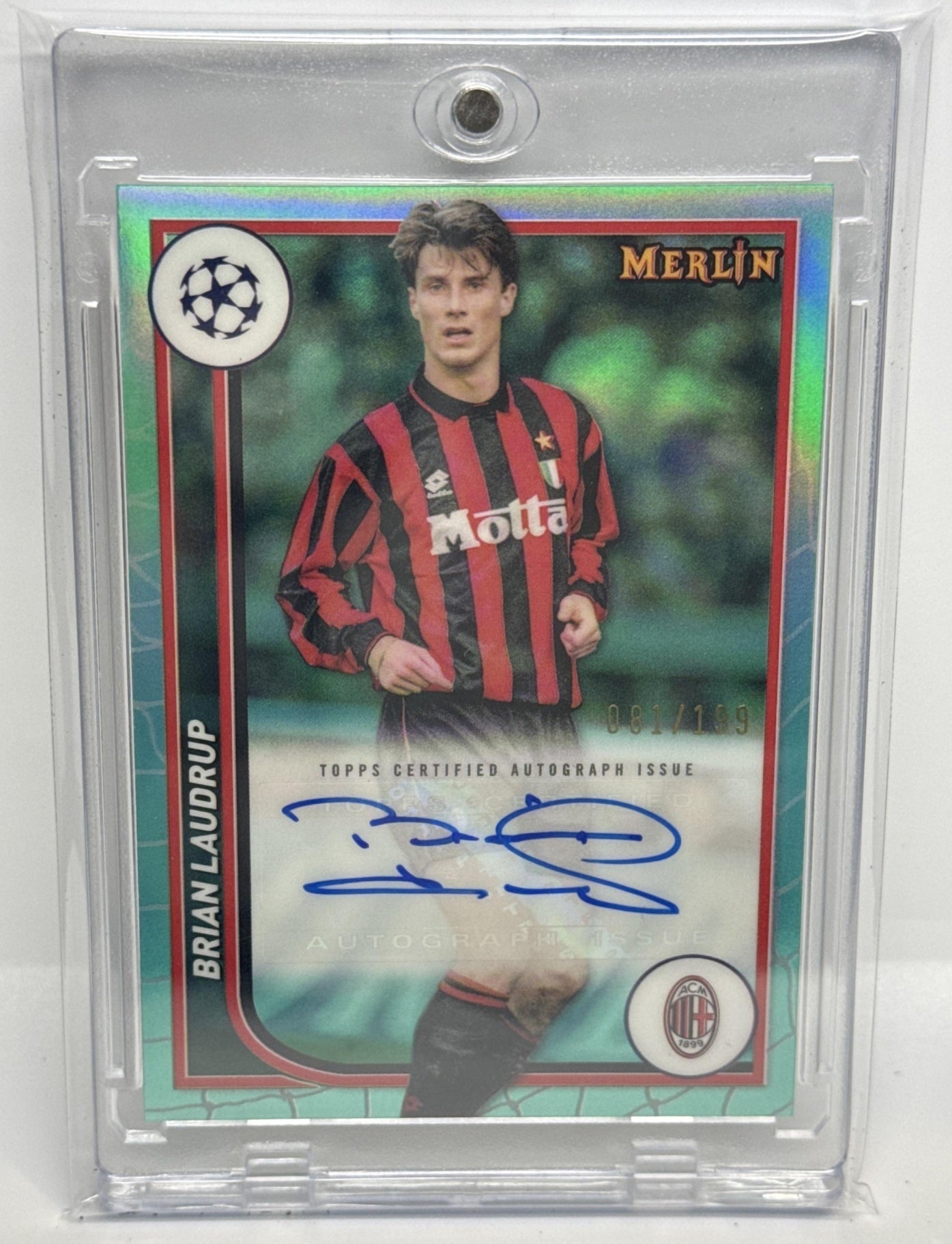 Brian Laudrup Topps Chrome Merlin UCC 2023-24 Auto Aqua Refractor /199 AC Milan