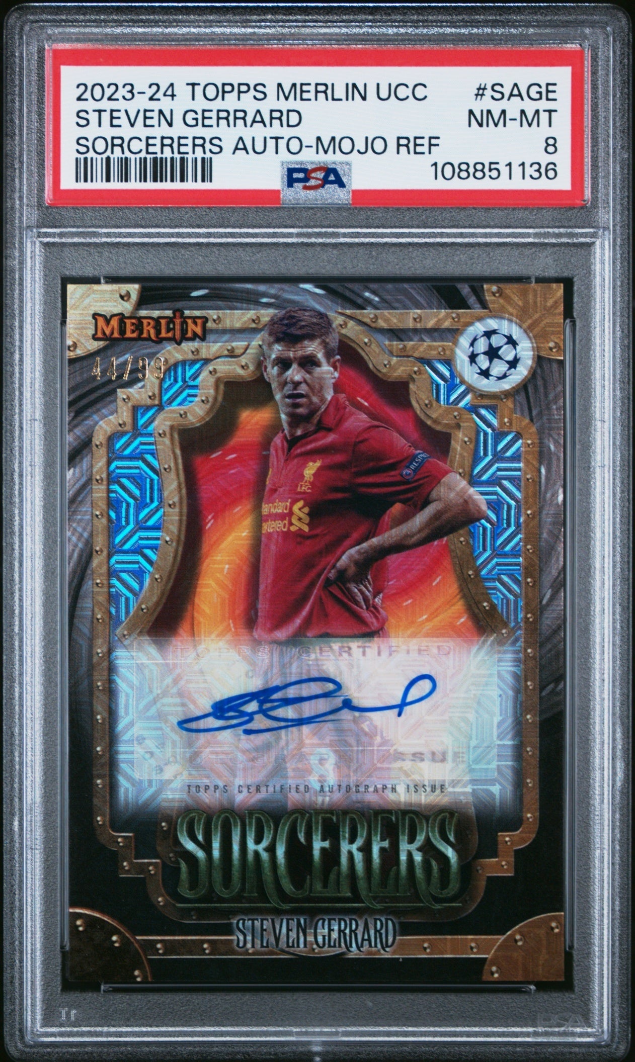 Steven Gerrard Topps Chrome Merlin UCC 2023-24 Sorcerers Auto Mojo /99 PSA 8