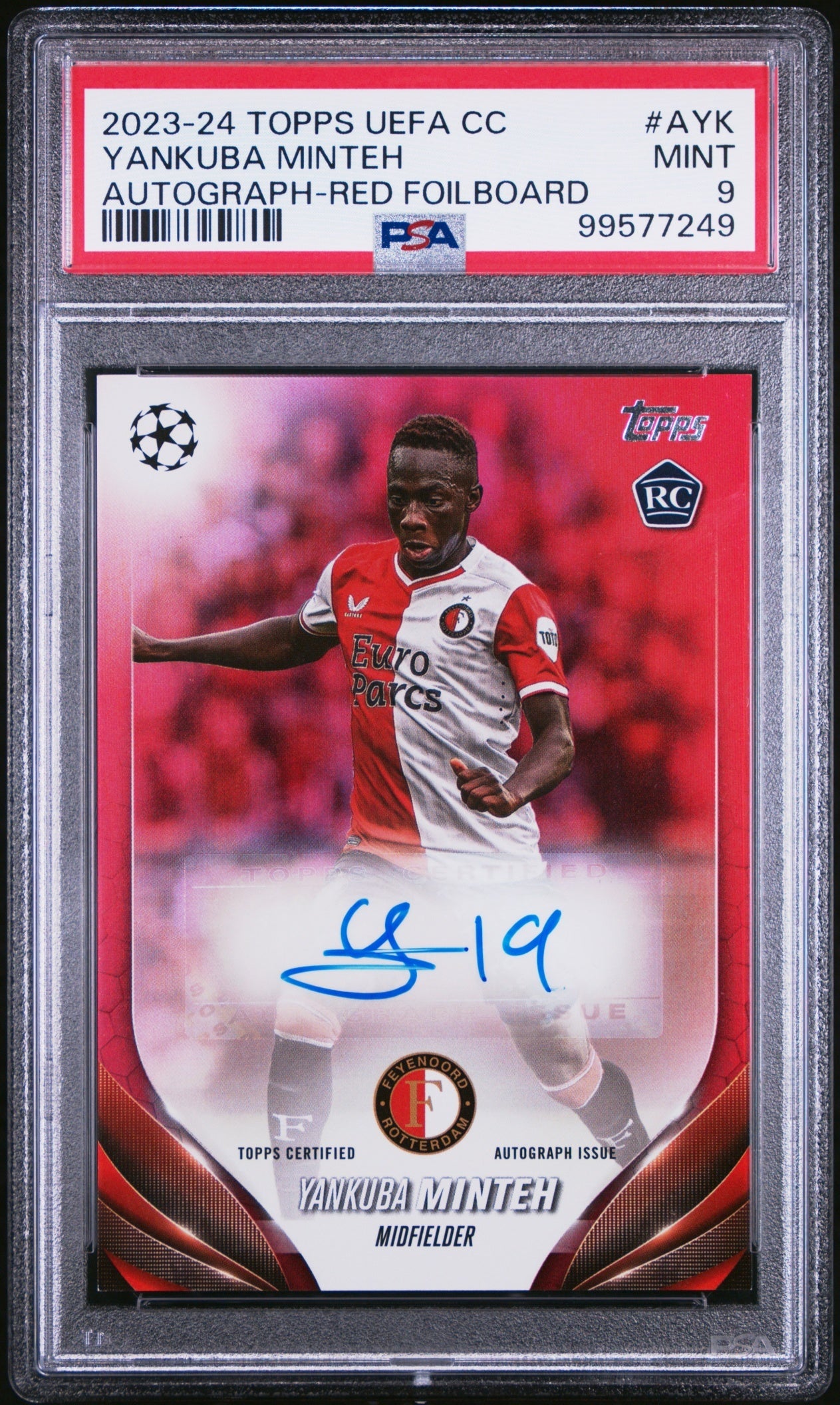 Yankuba Minteh Topps UCC 2023-24 Red Foilboard Auto /5 PSA 9 Feyenoord
