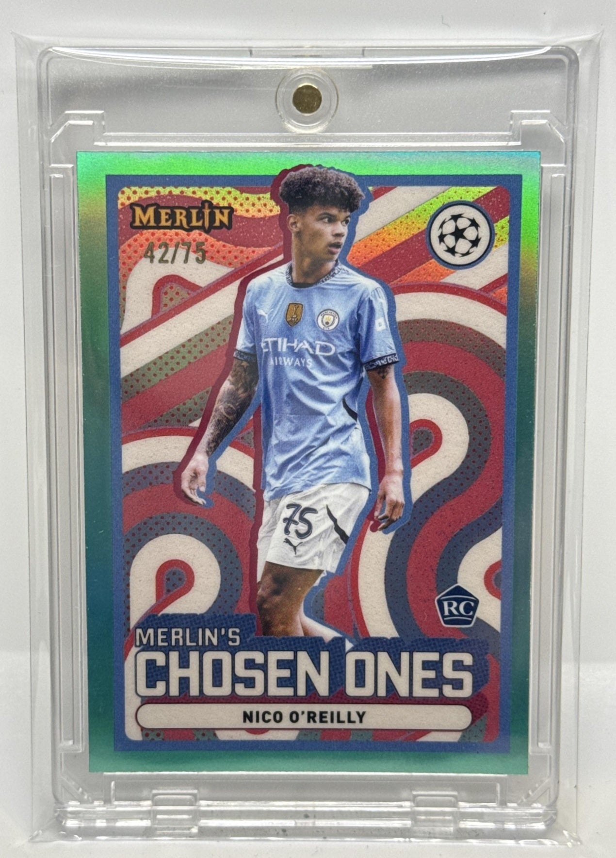 Nico O'Reilly Topps Merlin Chrome UCC 2024-25 Aqua Refractor /75 Manchester City