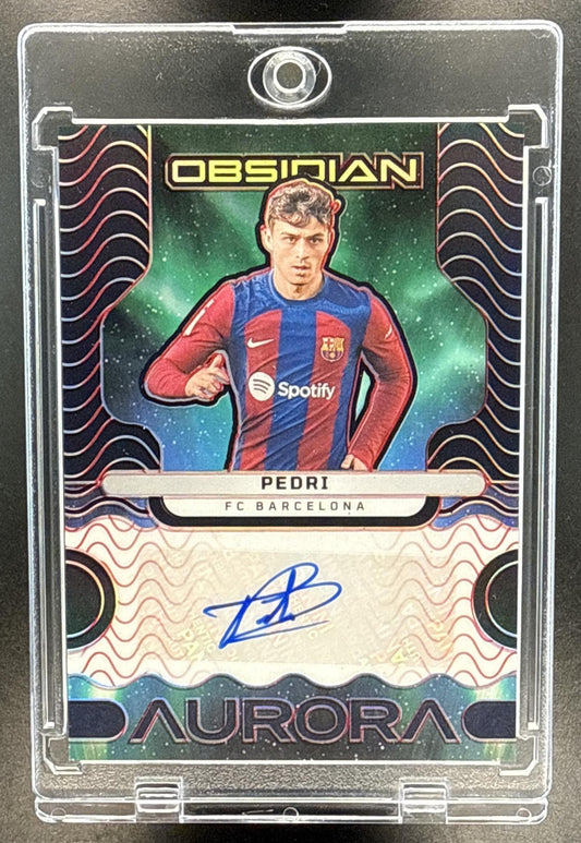 Pedri Panini Obsidian 2023-24 Aurora Auto Electric Etch Red /15 FC Barcelona