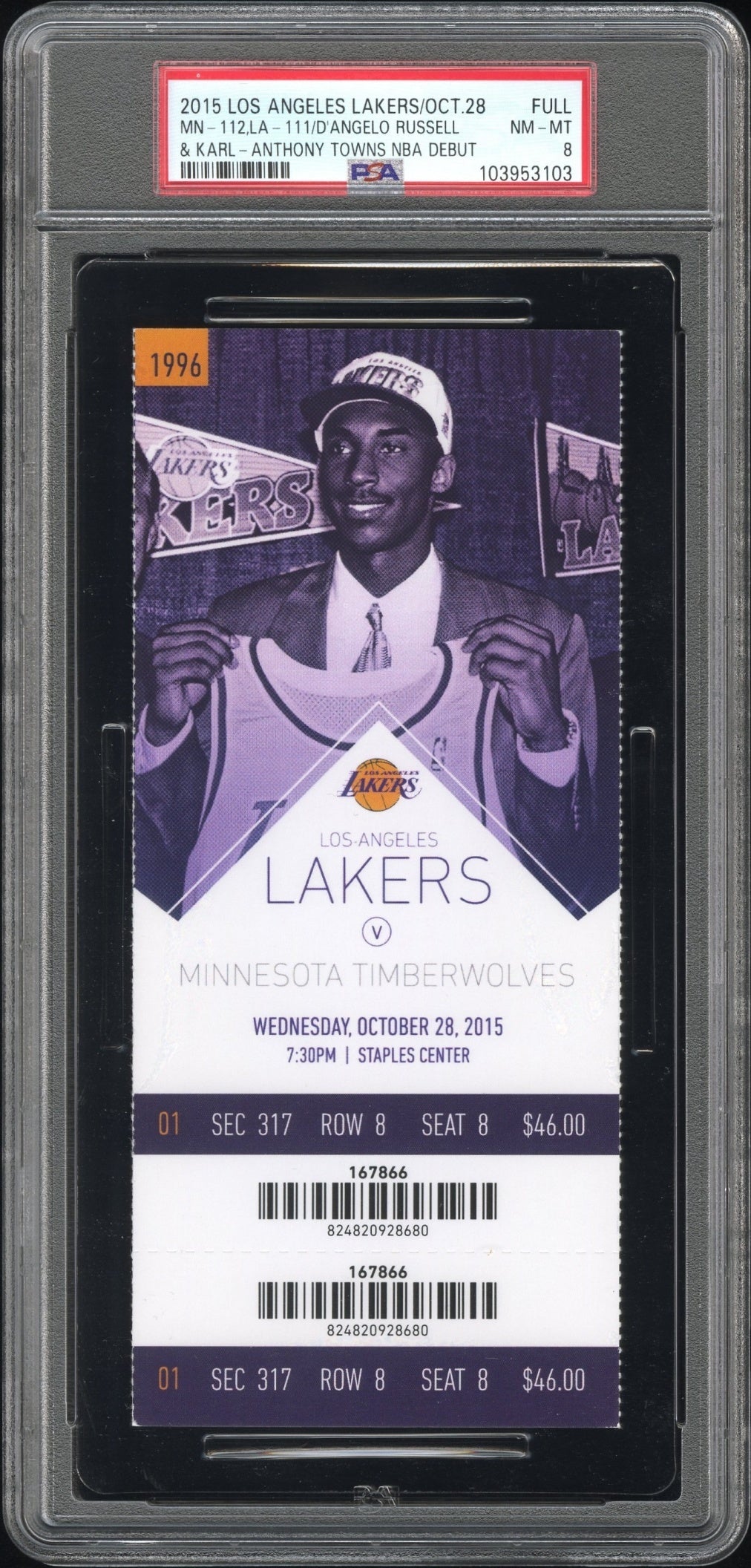 D'Angelo Russell/Karl-Anthony Towns NBA Debut Ticket 2015 PSA 8